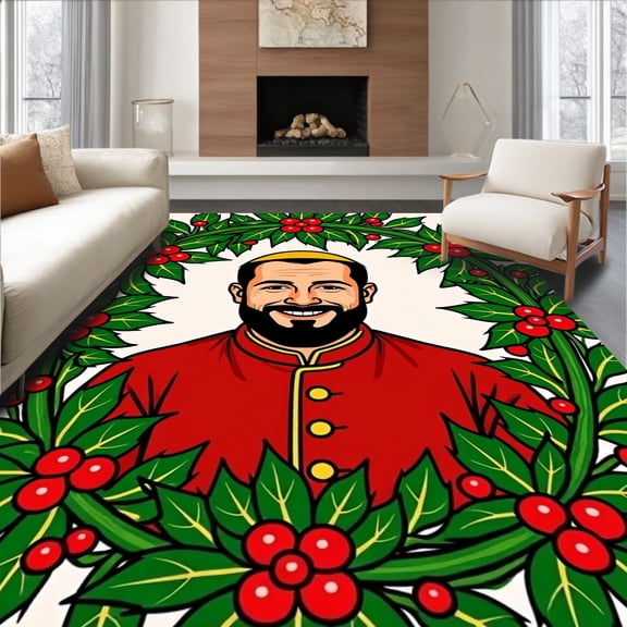 ODIKA 2x3 Machine Washable Non-Slip Area Rug, Festive Holly Wreath Doormat with Jolly Saint Nicholas Portrait Design High Traffic Rug with Pad, Green, 740237