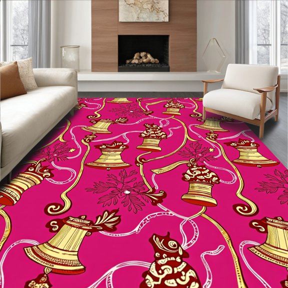 ODIKA 2x3 Machine Washable Non-Slip Area Rug, Festive Jingle Bell Cascade Half Moon Doormat with Holiday Chimes Design High Traffic Rug with Pad, Pink, 612539