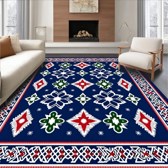ODIKA 2'x3' Machine Washable Non-Slip Area Rug, Festive Nordic Motif Punch Needle High Traffic Rug, Blue, 644524