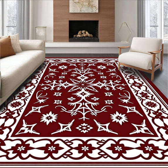 ODIKA 2'x3' Machine Washable Non-Slip Area Rug, Festive Nordic Snowflake Motif with Interlocking High Traffic Rug with Pad, Red, 613704