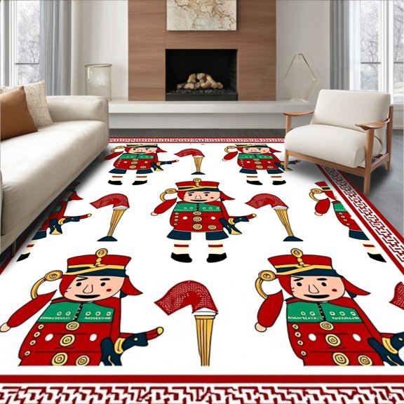 ODIKA 2x3 Machine Washable Non-Slip Area Rug, Festive Nutcracker Bathroom With Elegant Soldier High Traffic Rug, Red, 622219
