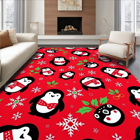 ODIKA 2'x3' Machine Washable Non-Slip Area Rug, Festive Penguin Punch Needle Embroidery Kit Holiday Design High Traffic Rug, Red, 634403