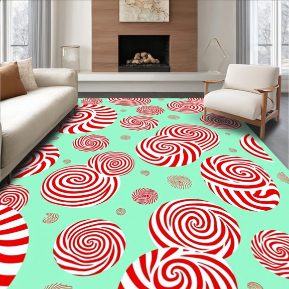 ODIKA 2x3 Machine Washable Non-Slip Area Rug, Festive Peppermint Swirl Latch Hook Kit with Spiral Cane Design High Traffic Rug, Green, 649008
