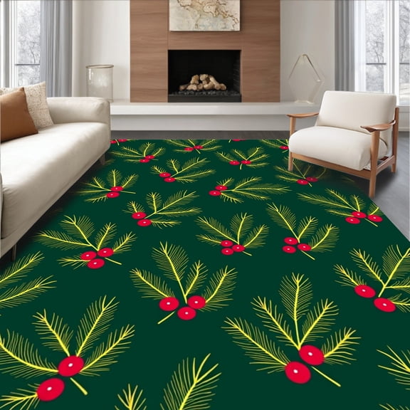 ODIKA 2x3 Machine Washable Non-Slip Area Rug, Festive Pine Branch Christmas Tree Skirt with Holly Berry Accents High Traffic Rug, Green, 734107