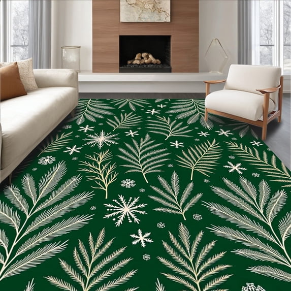 ODIKA 2'x3' Machine Washable Non-Slip Area Rug, Festive Pine Branch Snowfall Holiday Celebration Decorative High Traffic Rug, Green, 655820