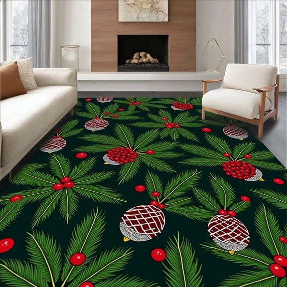 ODIKA 2x3 Machine Washable Non-Slip Area Rug, Festive Pine Cone Holly Branch Tree Skirt with Winter Berry Clusters High Traffic Rug, Green, 741151