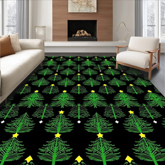 ODIKA 2'x3' Machine Washable Non-Slip Area Rug, Festive Pine Tree Latch Hook Kit with Needlework Canvas High Traffic Rug with Pad, Black, 744271