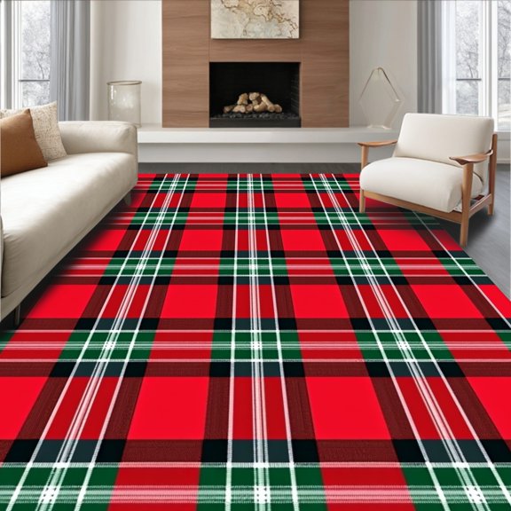 ODIKA 2x3 Machine Washable Non-Slip Area Rug, Festive Plaid Winterscape Decorative Throw High Traffic Rug, Red, 611297