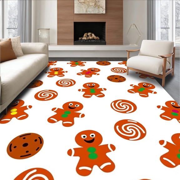 ODIKA 2x3 Machine Washable Non-Slip Area Rug, Festive Smiling Cookie Characters Bath with Cheerful Holiday Faces High Traffic Rug, Brown, 741901