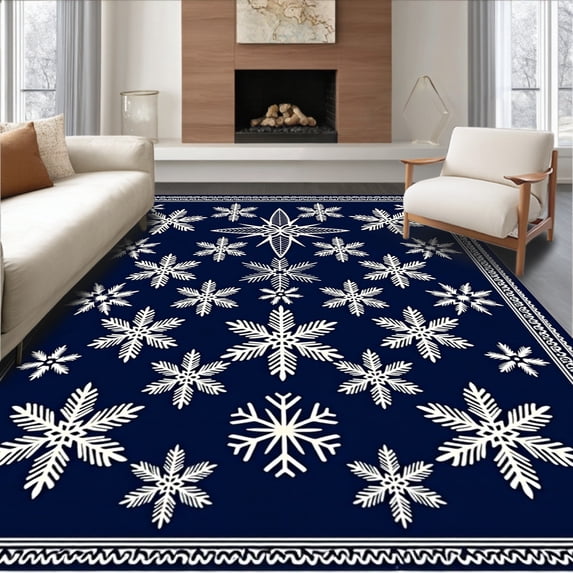 ODIKA 2'x3' Machine Washable Non-Slip Area Rug, Festive Snowflake Anti Slip Holiday Floor with Intricate Design High Traffic Rug, Blue, 622741