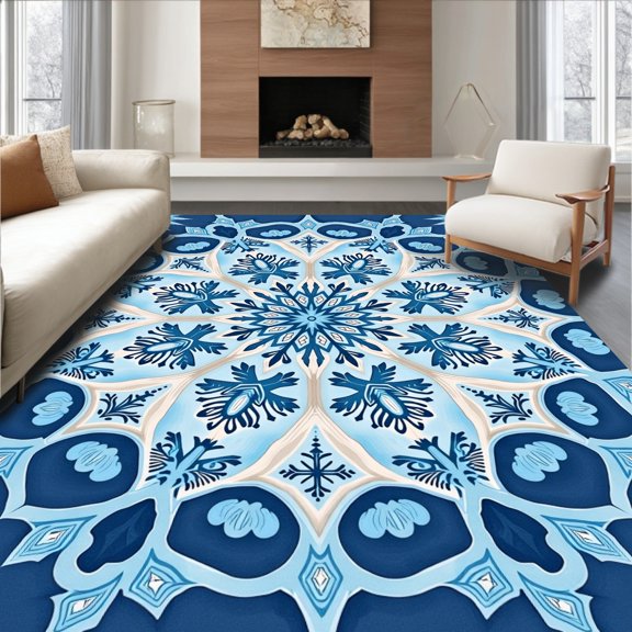 ODIKA 2x3 Machine Washable Non-Slip Area Rug, Festive Snowflake Medallion Doormat Holiday Winter Design High Traffic Rug with Pad, Blue, 608438