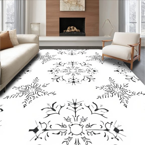 ODIKA 2x3 Machine Washable Non-Slip Area Rug, Festive Snowflake Medallion Latch Hook Kit Winter Holiday Design High Traffic Rug, Black, 639339