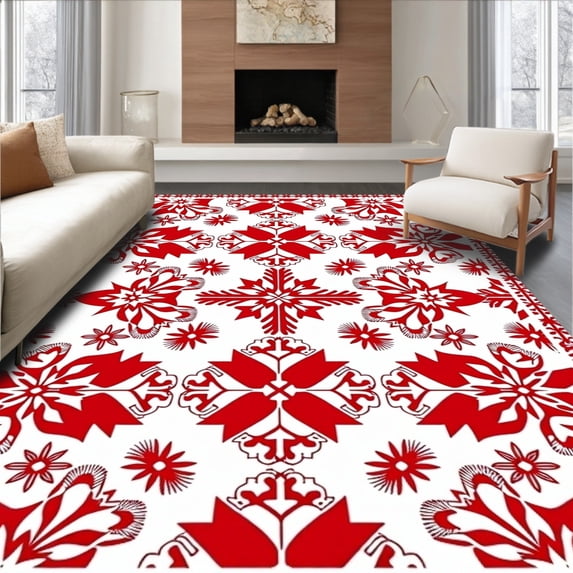ODIKA 2'x3' Machine Washable Non-Slip Area Rug, Festive Snowflake Medley with Whimsical Winter Elks High Traffic Rug, Red, 741791