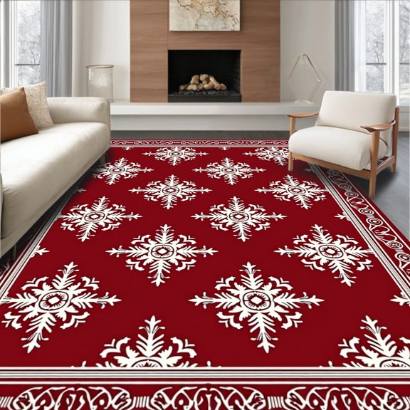ODIKA 2x3 Machine Washable Non-Slip Area Rug, Festive Snowflake Winter Holiday Decorative Pathway High Traffic Rug, Red, 608680