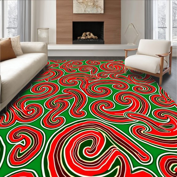 ODIKA 2x3 Machine Washable Non-Slip Area Rug, Festive Spiral Checkered with Holiday Inspired Illusion Art High Traffic Rug, Red, 641833