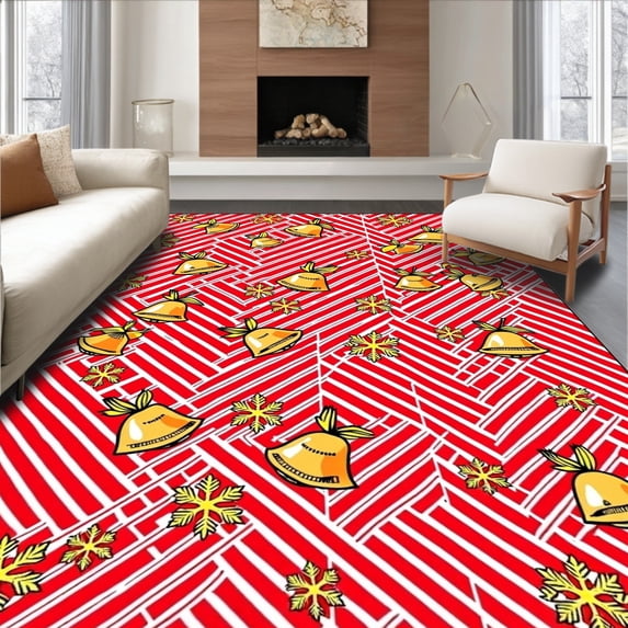 ODIKA 2'x3' Machine Washable Non-Slip Area Rug, Festive Striped Holiday Motif with Cheerful Bells and Snowflakes High Traffic Rug with Pad, Red, 638555