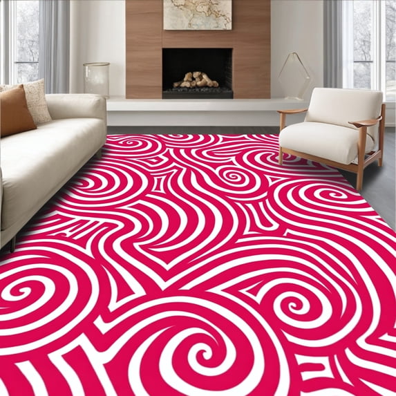 ODIKA 2'x3' Machine Washable Non-Slip Area Rug, Festive Striped Peppermint Swirl Patterned Welcome High Traffic Rug, Pink, 628536