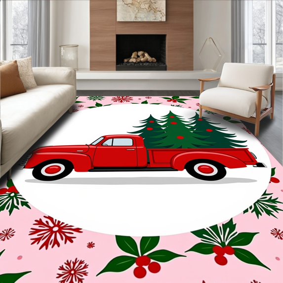 ODIKA 2'x3' Machine Washable Non-Slip Area Rug, Festive Truck Holiday Floor Vintage Winter Celebration High Traffic Rug, Pink, 739426