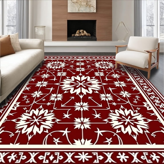 ODIKA 2'x3' Machine Washable Non-Slip Area Rug, Festive Yuletide Interlocking Nordic Snowflake Holiday Pathway High Traffic Rug, Red, 506129