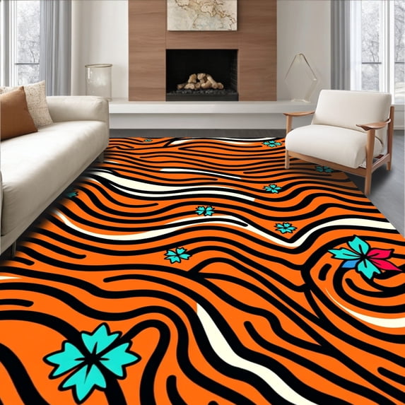 ODIKA 2'x3' Machine Washable Non-Slip Area Rug, Fierce Jungle Cat Abstract Stripe With Festive Winter Motifs High Traffic Rug with Pad, Orange, 744592