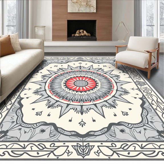 ODIKA 2x3 Machine Washable Non-Slip Area Rug, Floral Bohemian Symmetrical Zen Meditation Sacred High Traffic Rug, Red, 449214