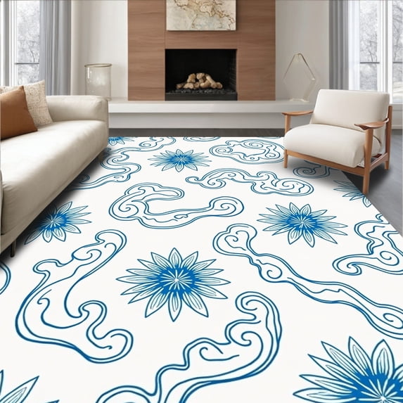 ODIKA 2'x3' Machine Washable Non-Slip Area Rug, Floral Interlocking Bloom and Wave Motif Design High Traffic Rug with Pad, Blue, 701822