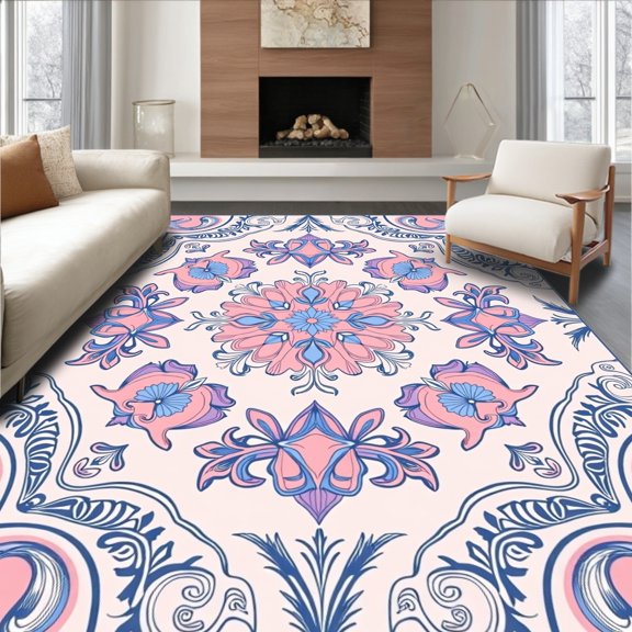 ODIKA 2x3 Machine Washable Non-Slip Area Rug, Floral Medallion Array Showcasing Symmetrical Petal Forms and Delicate Swirls High Traffic Rug, Pink, 489483