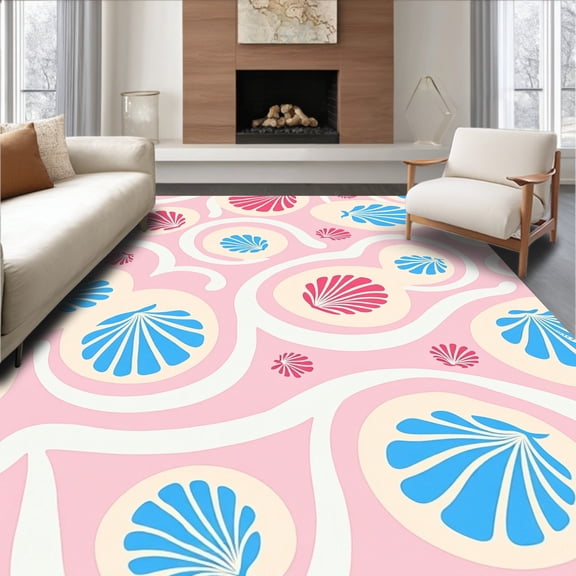 ODIKA 2'x3' Machine Washable Non-Slip Area Rug, Floral Seashells and Ocean Waves with Pastel Accents High Traffic Rug, Pink, 724716