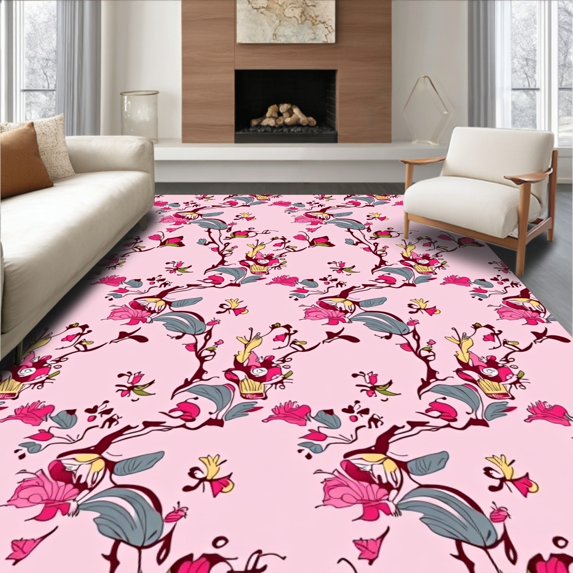 ODIKA 2'x3' Machine Washable Non-Slip Area Rug, Floral Vine with Cascading Blossom Trails High Traffic Rug, Pink, 507896