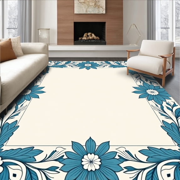 ODIKA 2'x3' Machine Washable Non-Slip Area Rug, Floral Wreath Border with Central Botanical Motif Arrangement High Traffic Rug, Beige, 546432