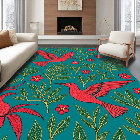 ODIKA 2x3 Machine Washable Non-Slip Area Rug, Fluttering Wings Botanical Jungle Fantasy High Traffic Rug, Red, 542066