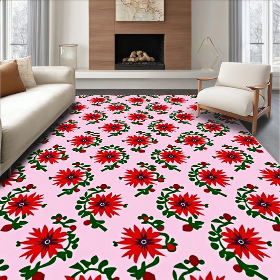 ODIKA 2'x3' Machine Washable Non-Slip Area Rug, Folk Art Inspired Festive Starburst and Berry Cluster Arrangement High Traffic Rug, Pink, 644557