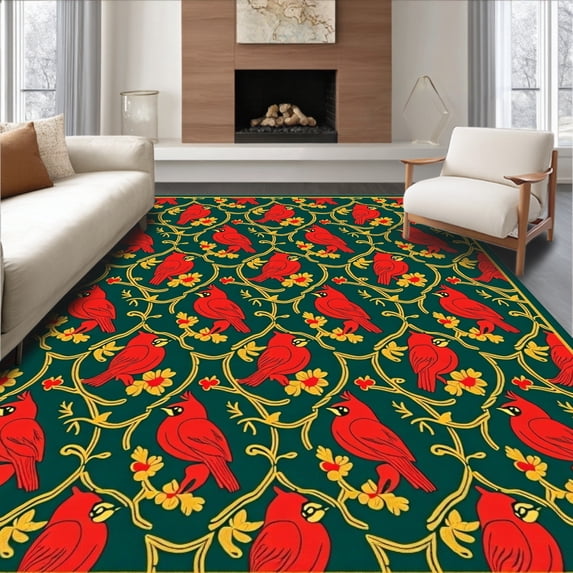 ODIKA 2'x3' Machine Washable Non-Slip Area Rug, Folk Art Noel Medley with Stylized Wreaths Cardinals and Winter Berries High Traffic Rug with Pad, Red, 621818