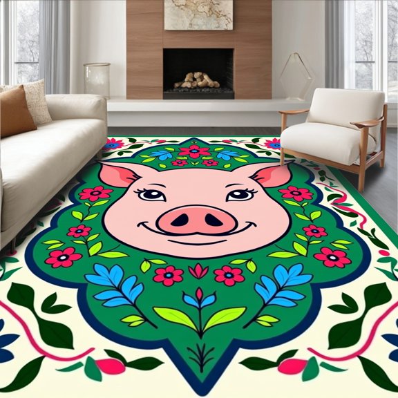ODIKA 2x3 Machine Washable Non-Slip Area Rug, Folk Art Pig Portrait Framed by Interlocking Festive Florals High Traffic Rug, Green, 641534
