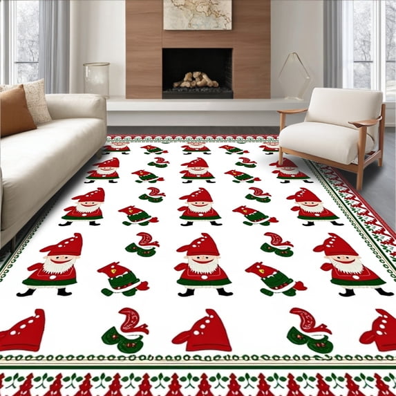 ODIKA 2'x3' Machine Washable Non-Slip Area Rug, Folklore Hearth Decoration Whimsical Gnome Family Gathering High Traffic Rug with Pad, Red, 731572