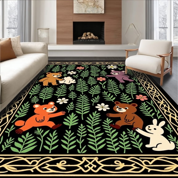 ODIKA 2x3 Machine Washable Non-Slip Area Rug, Forest Friends Woodland Adventure with Bear Fox Rabbit Motifs High Traffic Rug, Black, 685729