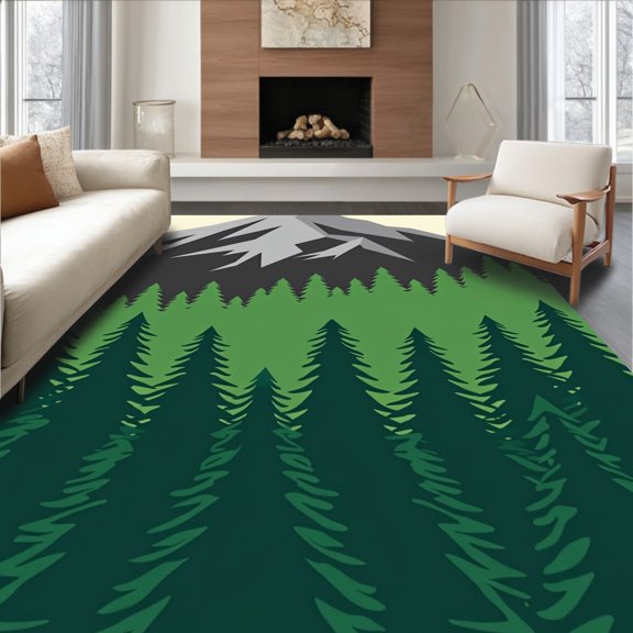 ODIKA 2x3 Machine Washable Non-Slip Area Rug, Forest Wilderness Mountain Vista Abstract with Evergreen Silhouettes High Traffic Rug, Green, 451897