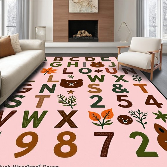ODIKA 2x3 Machine Washable Non-Slip Area Rug, Forest Woodland Creature Phonics with Bear Fox Rabbit Graphics High Traffic Rug, Pink, 699517