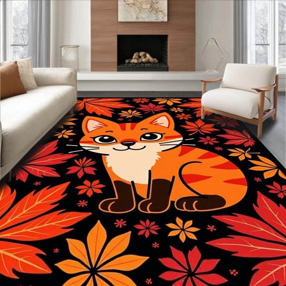 ODIKA 2x3 Machine Washable Non-Slip Area Rug, Fox Among Autumn Leaves Playful Forest Kit High Traffic Rug, Black, 633226