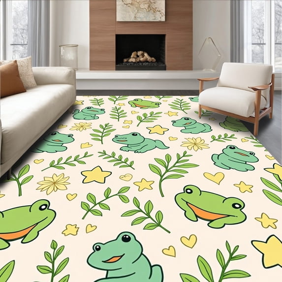ODIKA 2'x3' Machine Washable Non-Slip Area Rug, Frog and Crocodile Duo Art with Lively Botanical Details Fun Doodle High Traffic Rug with Pad, Green, 720489