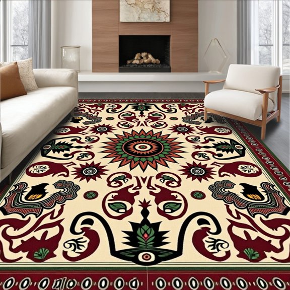 ODIKA 2x3 Machine Washable Non-Slip Area Rug, Frontier Heritage Woodland Pathway Displaying Forest Creatures High Traffic Rug, Beige, 665952