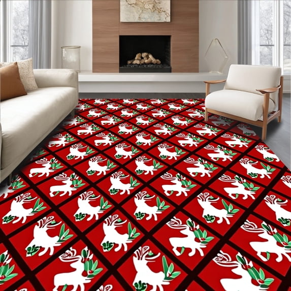 ODIKA 2'x3' Machine Washable Non-Slip Area Rug, Frosted Reindeer with Plaid Lattice and Festive Berry Details High Traffic Rug with Pad, Red, 651629