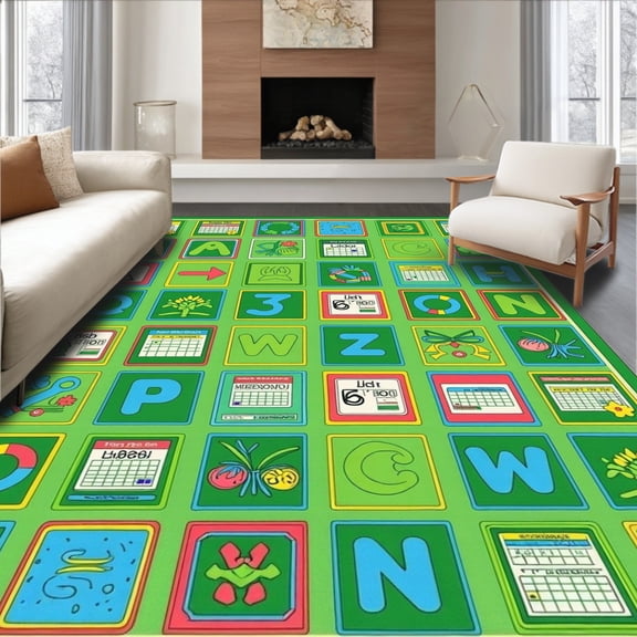 ODIKA 2x3 Machine Washable Non-Slip Area Rug, Fundamental Skills Training Daycare Literacy Numeracy High Traffic Rug, Green, 689312