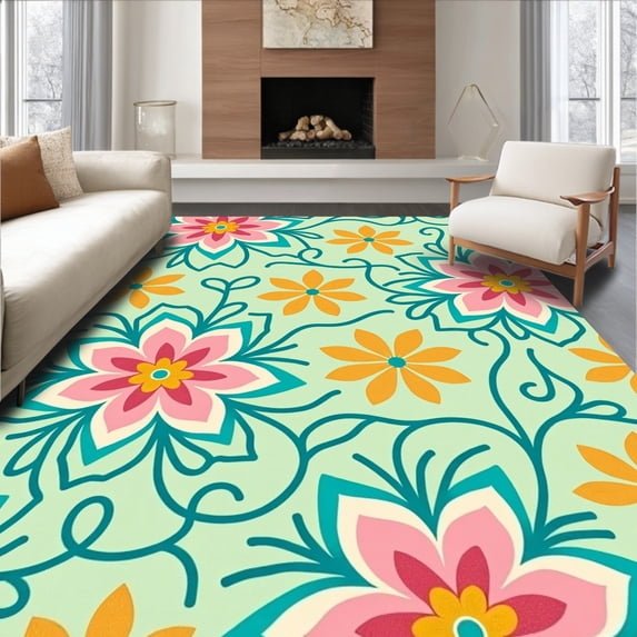 ODIKA 2'x3' Machine Washable Non-Slip Area Rug, Funky Aesthetic Floral Motif with Whimsical Vine Scrollwork High Traffic Rug with Pad, Pink, 539181