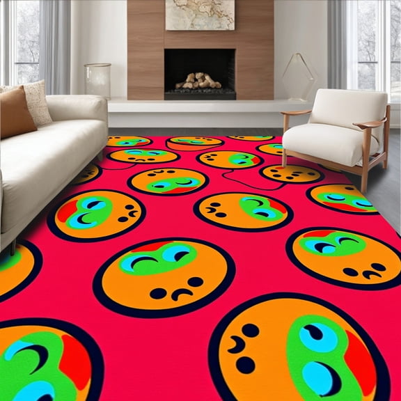 ODIKA 2x3 Machine Washable Non-Slip Area Rug, Funky Internet Meme Face Collage with Expressive Emoji Inspired Characters High Traffic Rug, Red, 724660