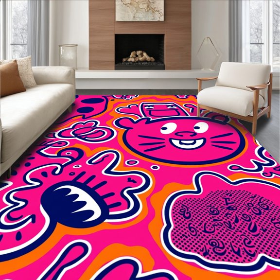ODIKA 2x3 Machine Washable Non-Slip Area Rug, Funky Playful Animal Print with Cartoonish Tiger Figure and Decorative Markings High Traffic Rug, Pink, 679241