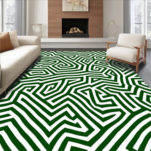 ODIKA 2x3 Machine Washable Non-Slip Area Rug, Funky Retro Botanical Spiral Maze Chevron Zigzag High Traffic Rug, Green, 484239