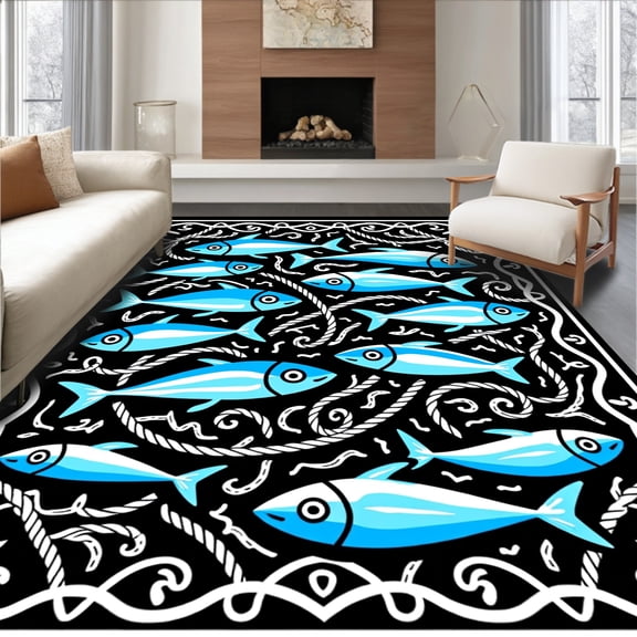 ODIKA 2x3 Machine Washable Non-Slip Area Rug, Funky Sardine Shoal Interlocking with Nautical Rope High Traffic Rug, Black, 704816