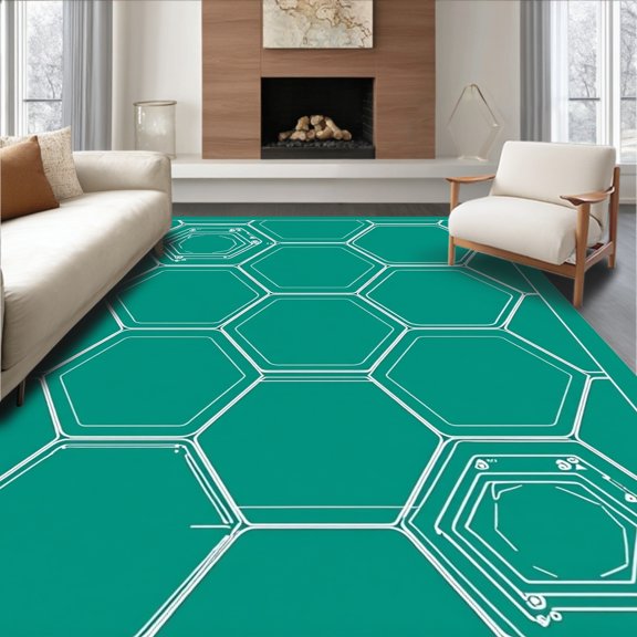 ODIKA 2x3 Machine Washable Non-Slip Area Rug, Futuristic Command Center Hexagonal Strategy Blueprint High Traffic Rug, Teal, 583446
