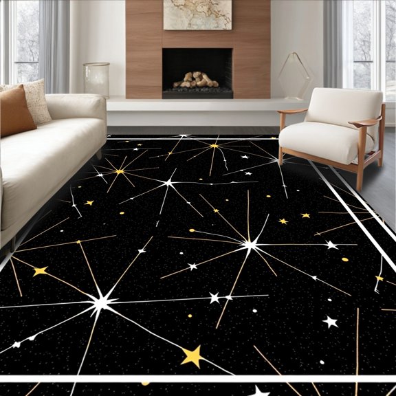 ODIKA 2x3 Machine Washable Non-Slip Area Rug, Galaxy Constellation Map with Twinkling Astral Bodies Design High Traffic Rug, Black, 558497